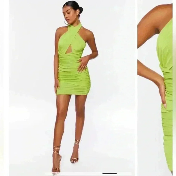 NWT Forever 21 Crisscross Halter Ruched Bodycon Mini Dress Lime Green Apple Sz S - Picture 4 of 13